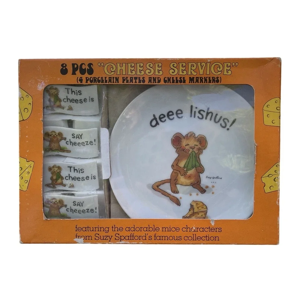 Vintage Enesco Suzy's Zoo Set of 4 cheese‎ plates & picks 1976 Anthropomorphic